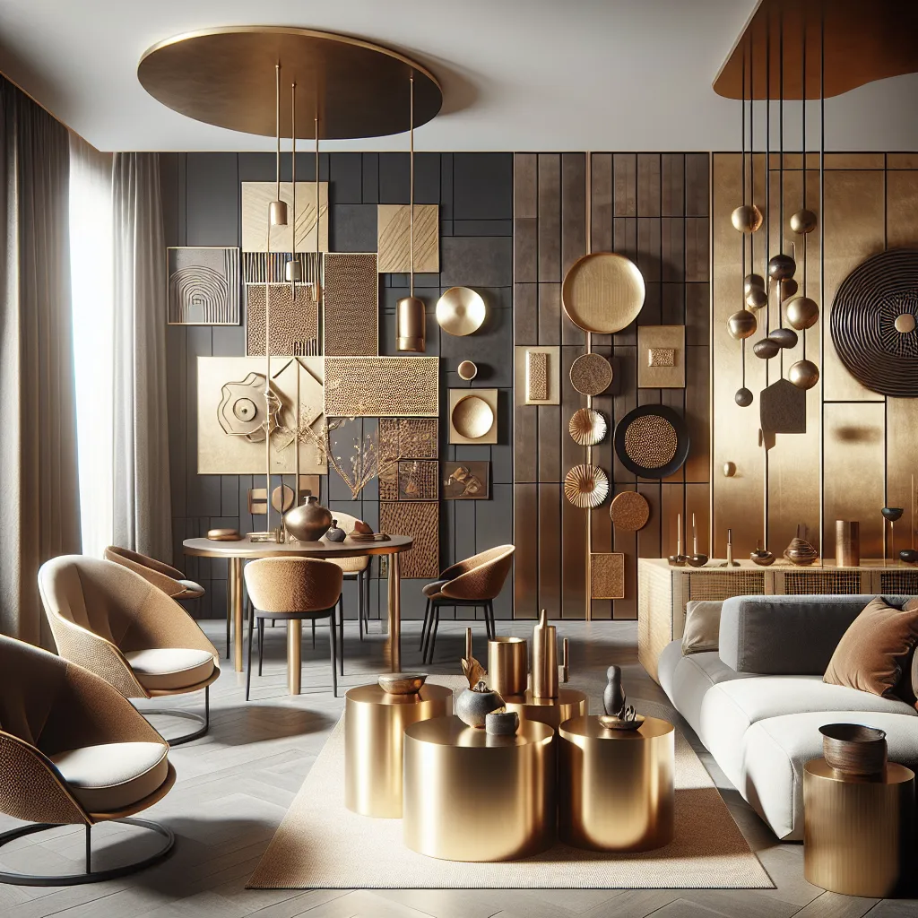 Unikalne aranżacje salonu z jadalnią: brązowe blachy aluminiowe i mosiężne formatki
